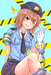 1girl ;) black_necktie blue_shirt breasts brown_eyes brown_hair collared_shirt commentary_request cuffs finger_heart gloves hair_ornament hairpin handcuffs hat heart highres komemogoo lightning_bolt_symbol looking_at_viewer medium_hair misaka_mikoto necktie one_eye_closed parted_lips police police_hat police_uniform policewoman shirt shirt_tucked_in short_shorts shorts simple_background sitting small_breasts smile solo toaru_kagaku_no_railgun toaru_majutsu_no_index white_gloves white_shirt
