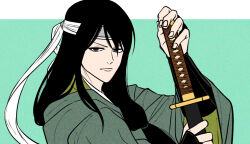 Rule 34 | 1boy, aged down, arm guards, black eyes, black hair, closed mouth, commentary request, gintama, green kimono, headband, holding, holding sword, holding weapon, japanese clothes, katana, katsura kotarou, kimono, long hair, looking at viewer, low-tied long hair, male focus, official alternate costume, pike 121, sheath, sheathed, solo, sword, upper body, weapon, white headband, wide sleeves