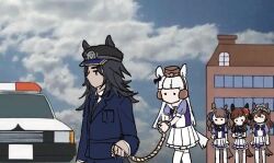 Rule 34 | 5girls, arrest, black hair, bound, breasts, brown hair, building, car, cloud, commentary request, fenomeno (umamusume), gentildonna (umamusume), gold ship (umamusume), grey hair, hair ornament, horse girl, kumakichi gets arrested (meme), long hair, meme, motor vehicle, multiple girls, nakayama festa (umamusume), police, police car, police uniform, school uniform, sky, tied up (nonsexual), tosen jordan (umamusume), tracen school uniform, umamusume, wddfl2022