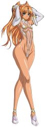 1girl absurdres armpits arms_behind_head arms_up artist_request bare_legs bare_shoulders blonde_hair blue_eyes blush breasts covered_navel curvy dark-skinned_female dark_skin female_focus fingerless_gloves flat_chest full_body futaba_lili_ramses gloves hair_ribbon highleg highleg_leotard highres leotard long_hair looking_at_viewer magical_girl redrawn ribbon seductive_smile see-through_clothes see-through_leotard shiny_skin small_breasts smile solo taimanin_(series) taimanin_rpgx tentacle_and_witches thong_leotard transparent_background twintails