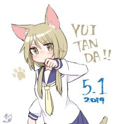 1girl animal_ears blonde_hair blue_sailor_collar blue_skirt blush cat_ears cat_tail closed_mouth dated hand_up ichii_yui kemonomimi_mode kibari long_hair long_sleeves looking_at_viewer low_twintails neckerchief paw_print pleated_skirt sailor_collar school_uniform serafuku shirt signature simple_background skirt solo standing tail twintails white_background white_shirt yellow_eyes yellow_neckerchief yuyushiki yuyushiki&#039;s_school_uniform