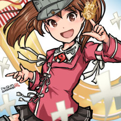 1girl brown_eyes brown_hair commentary_request dated hamu_agaki japanese_clothes kantai_collection kariginu magatama miniskirt onmyouji open_mouth pleated_skirt ryuujou_(kancolle) ryuujou_kai_ni_(kancolle) scroll shikigami signature skirt smile solo twintails upper_body visor_cap