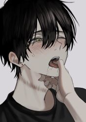 1boy absurdres akanei6no_sora black_hair blush commentary drooling earrings finger_in_another&#039;s_mouth highres jewelry male_focus nail_polish nose_blush one_eye_closed open_mouth original portrait saliva scar scar_on_neck short_hair solo_focus sweat tongue tongue_out wince