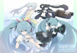 Rule 34 | 10s, 4girls, arm cannon, black hair, black rock shooter, black rock shooter (character), blue eyes, blue hair, creator connection, hair ornament, hatsune miku, headset, koi wa sensou (vocaloid), long hair, megaphone, melt (vocaloid), multiple girls, skirt, songover, tansuke, thighhighs, twintails, umbrella, very long hair, vocaloid, weapon, world is mine (vocaloid)