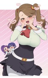 Rule 34 | 3girls, blue eyes, blue hair, blush, breasts, brown eyes, brown hair, campbell xx, collared shirt, commentary request, curvy, green shirt, gundam, gundam build fighters, gundam build fighters try, hair ornament, heart, high-waist skirt, highres, large breasts, long hair, long sleeves, looking at viewer, medium breasts, multiple girls, pantyhose, pink background, ponytail, purple eyes, purple hair, sano keiko (gundam bf), sazaki kaoruko, school uniform, shigure mahiru, shirt, short hair, skirt, smile, twintails, white pantyhose