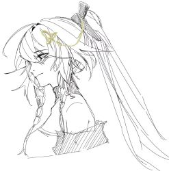 1girl bare_shoulders braid breasts changli_(wuthering_waves) closed_mouth from_side greyscale hair_between_eyes hair_ornament highres long_hair monochrome off_shoulder ponytail qingnanzhushan(kurobbs) simple_background sketch solo upper_body white_background wuthering_waves