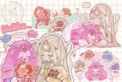 2girls 5boys angel angel_wings anti-ai_watermark black_sapphire_cookie burning_spice_cookie candy_apple_cookie cloud_haetae_cookie colored_skin cookie_run cookie_run:_kingdom demon_girl dress eternal_sugar_cookie gold_lips gold_shawl gold_wheat ishrkut long_hair looking_at_viewer mudra multiple_boys multiple_girls mystic_flour_cookie pavlova_cookie pink_eyes pink_hair pink_skin robe shadow_milk_cookie very_long_hair vitarka_mudra watermark white_robe wings