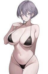 1girl absurdres alternate_costume arm_behind_back azur_lane bellona_(azur_lane) bikini black_bikini breasts commentary commission cowboy_shot eyelashes gluteal_fold grey_hair hair_between_eyes highres large_breasts looking_at_viewer micro_bikini navel parted_lips purple_eyes short_hair simple_background skeb_commission skindentation smile solo standing string_bikini swimsuit thigh_gap vxdrq white_background