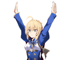 Rule 34 | 1girl, ahoge, arms up, artoria pendragon (fate), blonde hair, blue bow, blue bowtie, blue dress, bow, bowtie, breasts, commentary, dark souls (series), dark souls i, dress, english commentary, eri (erikiri), fate/stay night, fate (series), green eyes, highres, honkai: star rail, honkai (series), juliet sleeves, long sleeves, outdoors, praise the sun, puffy sleeves, saber (fate), saber (honkai: star rail) (fate), short hair, simple background, sky, small breasts, solo, upper body, white background