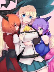 3girls aizawa_azusa ascot belt black_ribbon black_robe blonde_hair blue_dress blue_eyes blue_skirt blush braid breasts cleavage double_zeta dragon_girl dragon_horns dress eyebrows_hidden_by_hair feet_out_of_frame flatorte_(slime_taoshite_300_nen) green_eyes hair_between_eyes hair_rings hat highres horns hug laika_(slime_taoshite_300_nen) large_breasts large_hat long_hair looking_at_another multiple_girls open_mouth orange_hair purple_hair red_dress red_eyes ribbon robe shirt short_hair simple_background skirt slime_taoshite_300_nen_shiranai_uchi_ni_level_max_ni_nattemashita smile strapless strapless_dress very_long_hair waist_ribbon white_dress white_shirt witch witch_hat yellow_ascot yuri