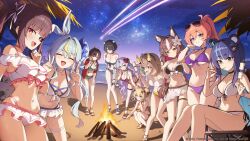 6+girls absurdres animal_ear_request animal_ears bare_shoulders beach bikini bikini_ribbon bikini_under_clothes black_hair black_ribbon blonde_hair blue_bikini blue_bow blue_eyes blue_hair blue_ribbon bow bow_bikini breasts brown_bikini brown_hair campfire check_flower chisaka_airi cleavage closed_eyes closed_mouth commentary cowboy_shot double_bun double_v english_commentary erina_makina eyewear_on_head feet_out_of_frame flower flower_request food frilled_bikini frills fujikura_uruka full_body goeleu green_bikini grey_halo hair_between_eyes hair_bow hair_bun hair_flower hair_ornament hair_over_one_eye hair_ribbon halo hand_up heterochromia highres himemiya_rie jacket jewelry kaminari_clara kaneko_lumi kannagi_loki large_breasts light_blush long_bangs long_hair looking_at_viewer marshmallow medium_breasts midriff multicolored_hair multiple_girls navel necklace night night_sky open_clothes open_jacket open_mouth orange_hair outdoors phase_connect phase_connect_jp pink_eyes plumeria ponytail purple_hair red_bikini red_jacket ribbon roasted_marshmallow runie_ruse shirt shisui_michiru_(phase_connect) shooting_star short_hair side_ponytail single_off_shoulder sitting sky squatting standing star-shaped_pupils star_(sky) star_(symbol) starry_sky streaked_hair swimsuit symbol-shaped_pupils utatane_nasa v very_long_hair virtual_youtuber wavy_hair white_bikini white_bow white_ribbon white_shirt yellow_bikini yellow_eyes