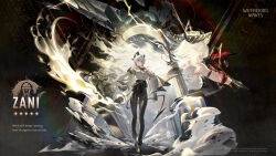 1girl arm_pouch black_gloves black_horns black_jacket black_pants black_pouch black_shoes black_socks black_tail breasts character_name chest_harness chromatic_aberration collared_shirt commentary curled_horns demon_tail earrings english_commentary full_body gloves hair_between_eyes harness high-waist_pants highres holding holding_shield horns jacket jacket_on_shoulders jewelry key_earrings large_breasts logo long_hair looking_at_viewer multicolored_hair multiple_views necktie official_art pants parted_lips red_eyes red_necktie shield shirt shirt_tucked_in shoes sleeves_rolled_up socks streaked_hair tail tight_clothes tight_pants white_hair white_shirt wuthering_waves zani_(wuthering_waves)