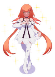 Rule 34 | 1girl, absurdres, armpit crease, bare shoulders, black bow, black choker, black straps, blunt bangs, boots, bow, breasts, center frills, choker, closed eyes, closed mouth, collarbone, curtsey, detached sleeves, dress, frilled dress, frills, full body, hair ornament, hair ribbon, highres, kingdom hearts, kingdom hearts x, long hair, long sleeves, looking at viewer, low twintails, orange hair, orange ribbon, ribbon, simple background, skirt hold, smile, solo, sparkle, standing, strelitzia (kingdom hearts), thigh boots, twintails, very long hair, w3n6ev, white background, white boots, white dress, x hair ornament