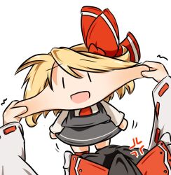 2girls :d anger_vein ascot black_hair black_skirt black_vest blonde_hair bow cheek_pinching chibi commentary_request frilled_bow frills from_above hair_bow hair_ribbon hakurei_reimu kusa_tsuku long_sleeves multiple_girls open_mouth pinching red_ascot red_bow red_ribbon ribbon ribbon-trimmed_sleeves ribbon_trim rumia shirt short_hair simple_background skirt smile touhou vest white_background white_shirt wide_sleeves |_|