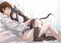 1boy 1girl admiral_(kancolle) all_fours animal_ears asashio_(kancolle) asashio_kai_ni_(kancolle) bed black_dress black_thighhighs brown_eyes brown_hair cat_ears cat_tail collared_shirt commentary couple dress dress_shirt extra_ears fuji_(pixiv24804665) highres kantai_collection panties pants pinafore_dress shirt short_hair sleeveless sleeveless_dress smile tail thighhighs translated underwear white_panties white_pants white_shirt