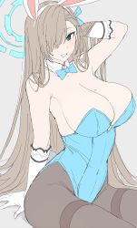 1girl animal_ears arm_behind_back arm_up asuna_(blue_archive) asuna_(bunny)_(blue_archive) bare_shoulders blue_archive blue_eyes blue_leotard bow bowtie breasts cleavage fake_animal_ears gloves grey_hair grin halo hand_in_own_hair highres large_breasts leotard looking_at_viewer mobu mole mole_on_breast navel pantyhose playboy_bunny rabbit_ears sketch skin_tight skindentation smile solo thighs traditional_bowtie unfinished white_gloves