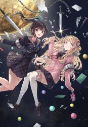 2girls :3 :d aqua_ribbon armband belt belt_buckle black_belt black_bow black_bowtie black_hair black_serafuku black_shirt black_skirt blonde_hair blue_eyes blunt_bangs blush bow bowtie breasts brown_eyes brown_shoes buckle buttons card cardigan chain character_request closed_mouth commentary_request copyright_request double-breasted fang floating_hair grey_sailor_collar hair_bow hair_ribbon hand_up high_ponytail highres holding_hands id_card lanyard loafers long_hair long_sleeves looking_at_viewer money multiple_girls neckerchief official_art open_mouth pink_bow pink_cardigan plaid_bow plaid_bowtie plaid_clothes plaid_neckerchief plaid_skirt pleated_skirt ponytail ribbon sailor_collar school_uniform serafuku shirt shoes skirt sleeves_past_wrists smile sword tenacitysaho thighhighs very_long_hair weapon white_thighhighs