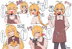 Rule 34 | absurdres, alternate costume, antenna hair, apron, beads, blonde hair, braid, braided ponytail, coffee mug, cup, furuima, green eyes, grin, hair beads, hair ornament, highres, holding coffee pot, low ponytail, mug, pants, ponytail, red apron, school uniform, serafuku, shirt, smile, translation request, tsurumaki maki, voiceroid, white shirt, writing