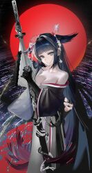 Rule 34 | 1girl, absurdres, animal ears, arknights, arm up, backlighting, beads, black background, black gloves, black hair, black kimono, blunt bangs, breasts, chest sarashi, cleavage, closed mouth, collarbone, commentary, elbow gloves, eyeshadow, flower, gloves, grey eyes, hair flower, hair ornament, hair stick, hand up, head tilt, highres, holding, holding sheath, holding sword, holding weapon, japanese clothes, katana, kimono, large breasts, ligod, long hair, long sleeves, looking at viewer, makeup, mio (arknights), red eyeshadow, sarashi, sheath, sidelocks, single bare shoulder, single elbow glove, solo, split-color clothes, standing, sun, sword, tachi (weapon), unsheathing, very long hair, weapon, white kimono, wide sleeves