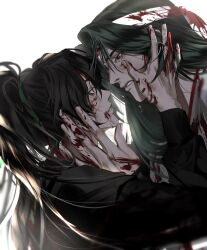 2boys baekcheon_(return_of_the_mount_hua_sect) black_hair black_hanfu blood blood_from_forehead blood_on_clothes blood_on_face blood_on_hands cheongmyeong_(return_of_the_mount_hua_sect) chinese_clothes crying crying_with_eyes_open dugong_(brother_jm) eye_contact green_eyes green_ribbon hair_ribbon hand_on_another&#039;s_face hanfu headband high_ponytail highres korean_commentary long_hair long_sleeves looking_at_another male_focus multiple_boys ponytail red_eyes return_of_the_mount_hua_sect ribbon simple_background smile tears upper_body white_background white_hanfu white_headband yaoi