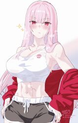 1girl :&lt; abs alternate_costume bare_shoulders black_hair black_shoes black_shorts blunt_bangs blush breasts collarbone dolphin_shorts gradient_background highres hololive hololive_english jacket kamiya_maneki large_breasts long_hair looking_at_viewer mori_calliope pink_eyes pink_hair red_jacket shoes short_shorts shorts sideboob skull solo sparkle sweat toned toned_female white_background