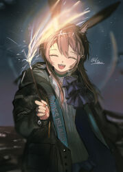1girl :d ^_^ a6_9s_rinlin amiya_(arknights) animal_ears arknights artist_name ascot black_coat blue_ascot blue_skirt blush brown_hair closed_eyes coat commentary dusk fireworks hand_up highres holding holding_fireworks jewelry long_hair long_sleeves miniskirt multiple_rings open_clothes open_coat open_mouth outdoors pleated_skirt rabbit_ears rabbit_girl ring shirt skirt sky smile solo sparkler star_(sky) starry_sky white_shirt