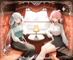2girls absurdres ahoge alternate_costume black_skirt bow braid bright_pupils changli_(wuthering_waves) closed_mouth colored_eyelashes commentary_request green_bow hair_between_eyes hair_bow hair_extensions hand_up high-waist_skirt highres jinhsi_(wuthering_waves) long_skirt long_sleeves multicolored_hair multiple_girls multiple_hair_bows open_mouth pink_bow pink_hair ponytail ring_hair_extensions shirt shirt_tucked_in sinonomemikann sitting skirt smile twin_braids two-tone_hair white_eyelashes white_eyes white_hair white_pupils white_shirt wuthering_waves