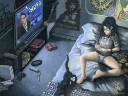 anonymous_(4chan) aperture_science_weighted_companion_cube bed black_hair book cameltoe cat closed_eyes colbert_report cube food game_console glasses guitar_hero handheld_game_console kacey_miyagami koiwai_yotsuba lion lying nintendo_ds otaku_room panties playing_games playstation_portable pocky portal_(series) portal_1 poster_(object) solo stephen_colbert stuffed_animal stuffed_toy television the_hitchhiker&#039;s_guide_to_the_galaxy the_sandman traditional_media underwear wii xbox_(original) xbox_360 yotsubato!