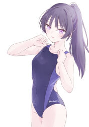 1girl bare_shoulders black_hair blush breasts collarbone competition_swimsuit covered_navel hair_ornament hondahiro long_hair looking_at_viewer one-piece_swimsuit open_mouth original ponytail purple_eyes simple_background small_breasts smile solo swimsuit white_background