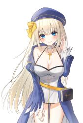 1girl absurdres bare_shoulders blonde_hair blue_coat blue_eyes blue_hat book boong0619 breasts choker cleavage closed_mouth coat commentary_request commission cowboy_shot cross cross_necklace dress halter_dress halterneck hand_on_own_thigh hand_up hat highres jewelry korean_commentary large_breasts long_hair long_sleeves looking_at_viewer necklace off_shoulder open_clothes open_coat original second-party_source short_dress simple_background sleeveless sleeveless_dress smile solo spaghetti_strap thighs very_long_hair white_background white_choker white_dress
