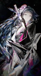 Rule 34 | 1girl, absurdres, animal ears, arknights, asymmetrical gloves, black gloves, black hair, black kimono, blunt bangs, chest sarashi, chromatic aberration, duoj ji, fingernails, flower, gloves, hair flower, hair ornament, highres, japanese clothes, kimono, long fingernails, long hair, looking at viewer, mio (arknights), mismatched gloves, obi, obiage, obijime, parted lips, sarashi, sash, sheath, sheathed, short sword, solo, sword, tantou, very long hair, weapon, white eyes, white gloves