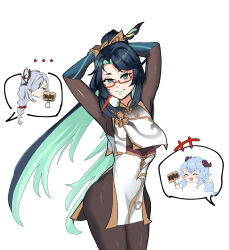 3girls :d ^_^ arms_up blue_eyes blue_hair blush_stickers bodysuit closed_eyes cloud_retainer_(genshin_impact) colored_inner_hair commentary cosplay cowboy_shot english_commentary ganyu_(genshin_impact) ganyu_(genshin_impact)_(cosplay) genshin_impact glasses green_hair green_lips grey_hair hair_ornament highres horns long_hair looking_at_viewer multicolored_hair multiple_girls open_mouth red-framed_eyewear rhymewithray shenhe_(genshin_impact) shenhe_(genshin_impact)_(cosplay) shirt simple_background skirt skirt_set smile standing thighs very_long_hair white_background white_shirt white_skirt xianyun_(genshin_impact)