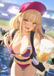 Rule 34 | 1girl, alcohol, ballpark de tsukamaete!, bare shoulders, beer, bikini, blonde hair, blunt bangs, blurry, blurry background, blush, breasts, character name, cleavage, collarbone, cup, fang, highres, holding, holding cup, kanden sky, long hair, looking at viewer, name tag, navel, paid reward available, ruriko (ballpark de tsukamaete!), sidelocks, solo, swimsuit, twitter username, visor cap, yellow eyes