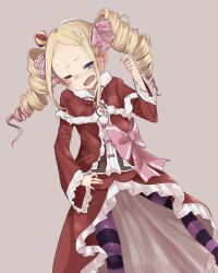 10s 1girl 2016 beatrice_(re:zero) blonde_hair blue_eyes blush book bow bug butterfly butterfly-shaped_pupils capelet crown cum cum_on_hair dress drill_hair female_focus fur_trim grey_background hair_ribbon heartless_debs highres insect loli long_dress long_hair long_sleeves looking_at_viewer mini_crown open_mouth pantyhose re:zero_kara_hajimeru_isekai_seikatsu red_dress ribbon sidelocks solo spirit standing striped_clothes striped_pantyhose symbol-shaped_pupils trembling twin_drills twintails unusual_pupils