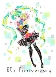Rule 34 | 1girl, absurdres, ahoge, anniversary, aqua hair, belt bow, black boots, black skirt, black sleeves, blue eyes, boots, bouquet, bow, cathinthecloud, commentary, detached sleeves, dot nose, english commentary, flower, full body, hair ornament, hatsune miku, heart, highres, holding, holding bouquet, light blush, looking at viewer, masking tape (medium), mixed media, parted bangs, red bow, single bare shoulder, skirt, smile, solo, thigh boots, thighhighs, traditional media, twintails, unconventional media, vocaloid, zettai ryouiki