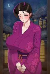 Rule 34 | 1girl, black hair, blush, breasts, brown eyes, brown hair, cleavage, collarbone, hair bun, highres, huge breasts, japanese clothes, jewelry, kimono, mature female, moon, night, nuo (30340120), original, ring, single hair bun, sky, solo, wedding ring
