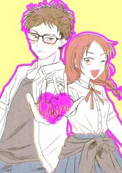 Rule 34 | 1boy, 1girl, :d, black-framed eyewear, black undershirt, blue skirt, blush, breast pocket, brown eyes, brown hair, closed mouth, clothes around waist, collared shirt, commentary request, dress shirt, eyebrow cut, futsuu no keion-bu, glasses, heart, height difference, highres, jacket, jacket around waist, kokiyun 1210, looking at another, neck ribbon, one eye closed, open clothes, open mouth, open shirt, orange eyes, outline, outstretched arm, parted bangs, pleated skirt, pocket, purple outline, red ribbon, ribbon, school uniform, shirt, shirt tucked in, short hair, short sleeves, skirt, smile, standing, summer uniform, tohno gen, trait connection, uchida momo, w, white shirt, wing collar, yellow background