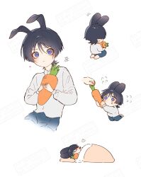Rule 34 | 1boy, animal ears, black hair, blue pants, blunt ends, carrot, closed eyes, closed mouth, collared shirt, disembodied hand, eyeliner, eyeshadow, facing to the side, facing viewer, flying sweatdrops, genshin impact, head on pillow, heart, highres, holding, holding carrot, kneeling, long sleeves, looking at viewer, looking up, lying, makeup, male focus, multiple views, nero hanken, on side, pants, pillow, purple eyes, rabbit boy, rabbit ears, red eyeliner, red eyeshadow, scaramouche (genshin impact), seiza, shirt, sitting, solo, stuffed toy, tears, under covers, watermark, white background, white shirt, white sleeves, wide-eyed, wispy bangs
