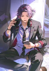 Rule 34 | 1boy, :d, absurdres, artist name, bangs pinned back, black jacket, black necktie, black pants, book, book stack, bracelet, breast pocket, brown shoes, cable, cellphone, collared shirt, colored inner hair, diagonal-striped clothes, diagonal-striped necktie, ear piercing, earrings, fang, guitar case, hair intakes, hair ornament, hairclip, hand on headphones, hand up, handheld game console, hashtag-only commentary, headphones, headphones around neck, highres, holding, holding phone, indoors, instrument case, jacket, jewelry, lapels, locker, long sleeves, looking at viewer, male focus, muksal, multicolored eyes, multicolored hair, multiple rings, necklace, necktie, nijisanji, nintendo switch, official alternate costume, on floor, open clothes, open jacket, open mouth, pants, paper, parted bangs, phone, piercing, pink hair, plectrum, pocket, purple eyes, purple hair, ring, school uniform, shirt, shoes, short hair, short sidetail, sitting, sleeves rolled up, smartphone, smile, solo, striped clothes, striped necktie, teeth, thumb ring, twitter username, two-tone hair, virtual youtuber, watarai hibari, watarai hibari (school uniform), white shirt, wooden floor, x hair ornament, yellow eyes