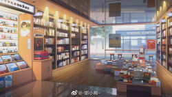 bell bookshelf bookstore cabinet cd_player ceiling_light day door easel glass_door hanxiaodan headphones lovebrush_chronicles no_humans official_art poster_(object) reflective_ceiling reflective_floor scenery shop stool table unworn_headphones watermark weibo_watermark window wooden_floor