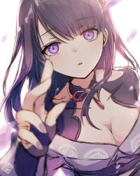 1girl arm_up blunt_bangs blurry blush breasts bridal_gauntlets cherry_blossoms cleavage clothing_cutout collarbone commentary_request depth_of_field falling_petals from_above genshin_impact japanese_clothes kimono large_breasts leaning_to_the_side long_hair looking_at_viewer looking_up mole mole_under_eye neck_ribbon off_shoulder open_mouth petals physics_point pink_petals purple_eyes purple_hair purple_kimono purple_nails raiden_shogun reaching reaching_towards_viewer red_ribbon ribbon sash shoulder_cutout solo upper_body
