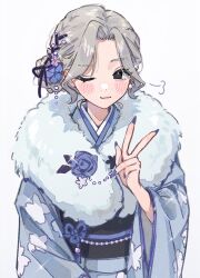 Rule 34 | 1girl, black eyes, blue kimono, blue nails, blush, commentary request, flower, fur-trimmed kimono, fur trim, grey hair, hair flower, hair ornament, hamafugu, highres, japanese clothes, kimono, light smile, nail polish, one eye closed, original, puff of air, simple background, solo, upper body, v, white background