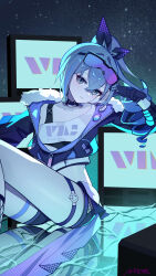 1girl absurdres ai_dongdong black_gloves black_jacket black_shorts breasts chinese_commentary commentary_request crop_top fur-trimmed_jacket fur_trim gloves goggles goggles_on_head grey_eyes grey_hair headphones headphones_around_neck highres honkai:_star_rail honkai_(series) jacket long_hair looking_at_viewer monitor multiple_monitors short_shorts shorts silver_wolf_(honkai:_star_rail) sitting small_breasts solo thigh_strap thighs