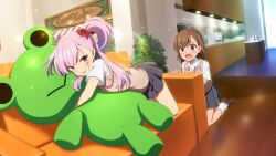Rule 34 | 2girls, :p, blue eyes, blush, brown eyes, brown footwear, brown hair, brown sweater vest, collared shirt, couch, crossover, furrowed brow, game cg, gekota, grey skirt, indoors, kneeling, long hair, looking at another, looking at viewer, loose socks, lying, misaka mikoto, multiple girls, official art, on couch, one side up, open mouth, pink hair, pleated skirt, school uniform, shirt, shoes, short hair, short sleeves, skirt, socks, stuffed animal, stuffed frog, stuffed toy, summer uniform, sweater vest, toaru kagaku no railgun, toaru majutsu no index, toji no miko, toji no miko: kizamishi issen no tomoshibi, tokiwadai school uniform, tongue, tongue out, tsubakuro yume, white shirt, white socks