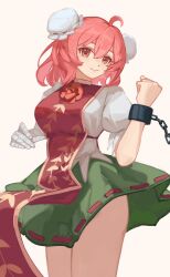 1girl absurdres ass bandaged_arm bandages breasts chain cowboy_shot cuffs double_bun flower_on_chest green_skirt hair_bun highres hirachill16 ibaraki_kasen large_breasts light_blush medium_hair orange_background pink_eyes pink_hair raised_fist red_tabard ribbon-trimmed_skirt ribbon_trim shackles shirt skirt smile solo tabard thighs touhou white_shirt