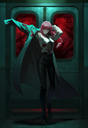 1girl absurdres blood blood_on_clothes blood_on_face blood_splatter chainsaw_man collared_shirt demon_girl evil_smile from_below highres long_hair looking_at_viewer makima_(chainsaw_man) moha_(rin123456) red_hair red_theme shirt smile solo