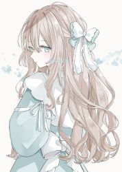 1girl blush bow brown_hair commentary dress from_behind green_bow green_dress green_eyes hair_between_eyes hair_bow highres long_hair long_sleeves looking_to_the_side original parted_lips simple_background solo twitter_username upper_body white_background yuni_0205