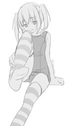 1girl arm_support bare_shoulders dot_nose double-parted_bangs foot_out_of_frame grin hand_on_own_leg horizontal-striped_thighhighs monochrome no_shoes old_school_swimsuit one-piece_swimsuit original school_swimsuit shibacha short_hair sidelocks simple_background sitting sketch smile smug solo striped_clothes striped_thighhighs swimsuit thighhighs thighs twintails twitter_username white_background