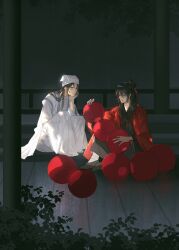 Rule 34 | 2boys, bandaged leg, bandages, black eyes, black hair, black hanfu, black shoes, chinese clothes, chinese commentary, cike988905, closed eyes, closed mouth, coat, dao gui yi xian, dappled moonlight, facial mark, forehead mark, hair bun, hair ribbon, half updo, hand on own chin, hand on own face, hanfu, hat, head rest, highres, holding, holding lantern, implied yaoi, jin (headwear), knees up, lantern, li huowang, long hair, long sleeves, looking at another, male focus, moonlight, multiple boys, night, open clothes, open coat, outdoors, pants, paper lantern, pillar, plant, railing, red coat, red ribbon, ribbon, robe, shoes, single hair bun, sitting, smile, tree, white hanfu, white hat, wide sleeves, wooden floor, zhouzi jin (headwear), zhuge yuan