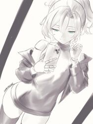 1girl artist_name bare_shoulders black_thighhighs braid cecilia_immergreen cellphone commentary doll_joints english_commentary green_eyes hand_up high_ponytail highres holding holding_phone hololive hololive_english jacket joints looking_at_phone open_clothes open_jacket phone playing_with_own_hair ponytail short_hair sleeveless sleeveless_sweater smartphone solo spot_color sunsetskyline sweater thighhighs virtual_youtuber